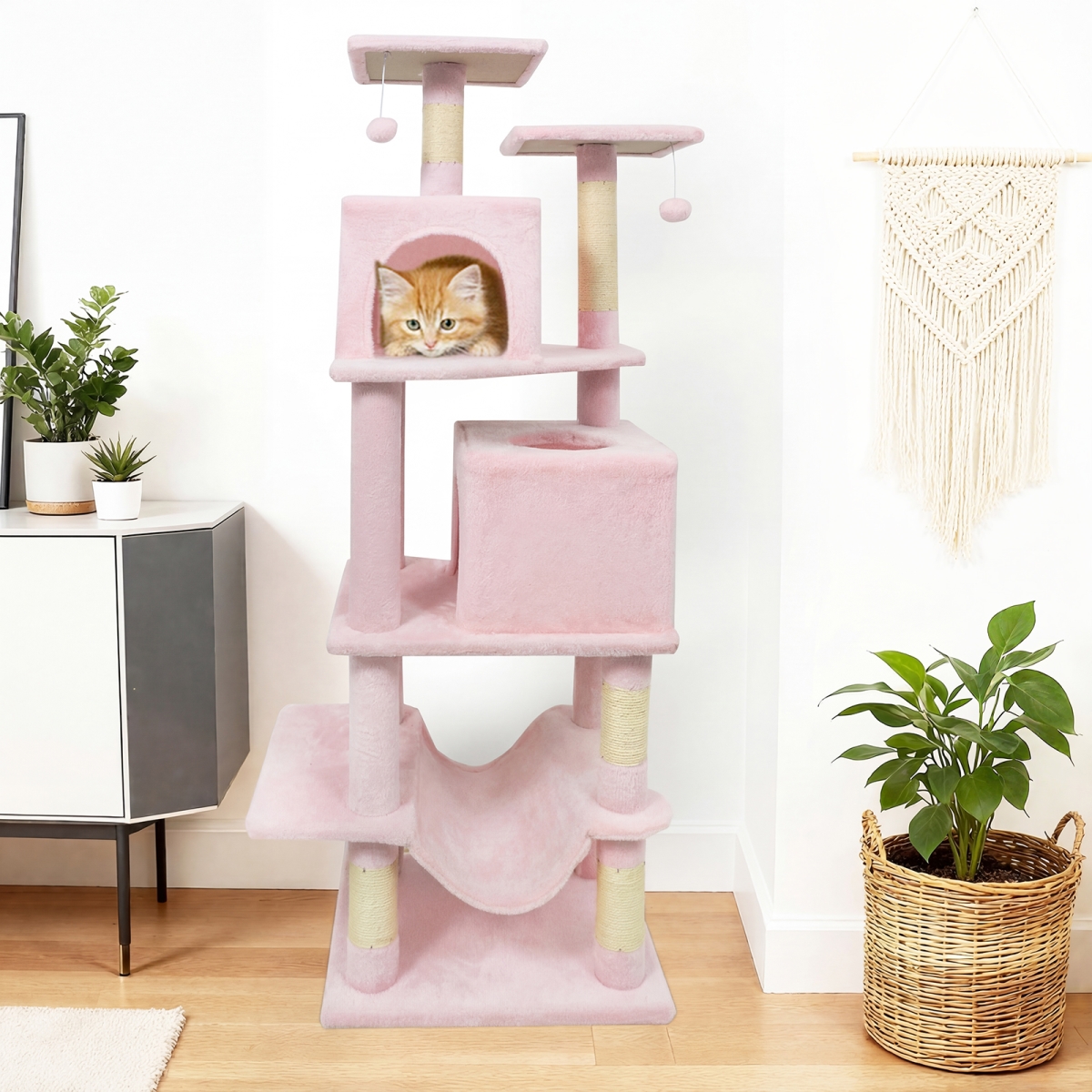 PV10488PI 57 in. Cat Tree with Dual Condos & Hammock & 2 Dangling Balls - Pink
