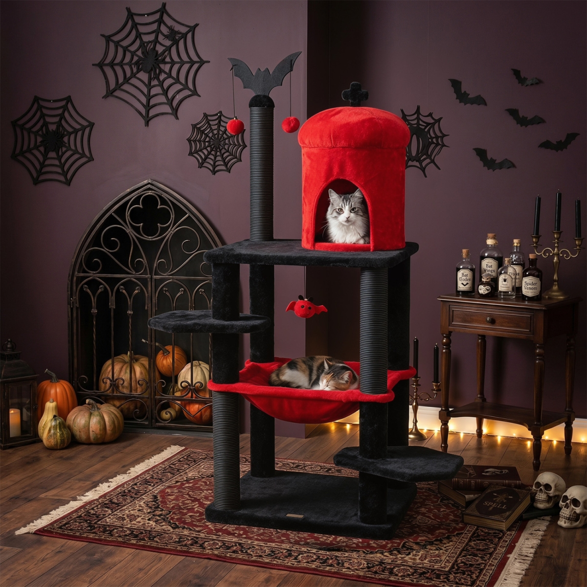 PV10582RE 51 in. Gothic Multi-Level Cat Tree with Spider Hanging Toy for Black Halloween - Red