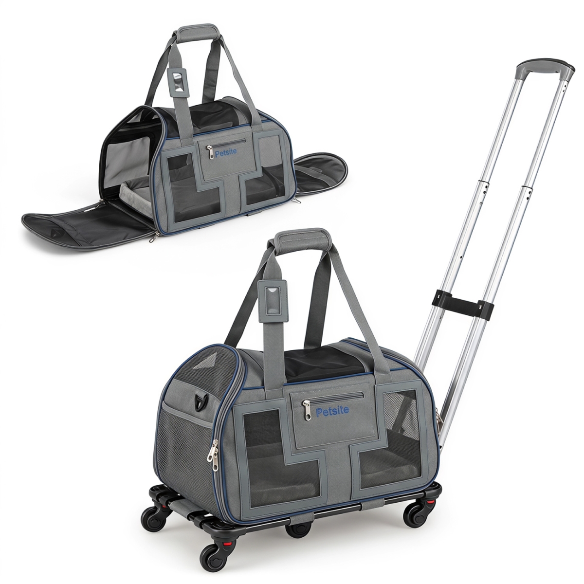 PV10604BL Rolling Pet Carrier with Wheels & Telescopic Handle & Mesh Windows for Pets - Blue