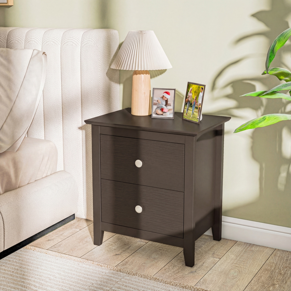 HU10822HS Modern Nightstand with 2 Drawers for Small Spaces - Brown