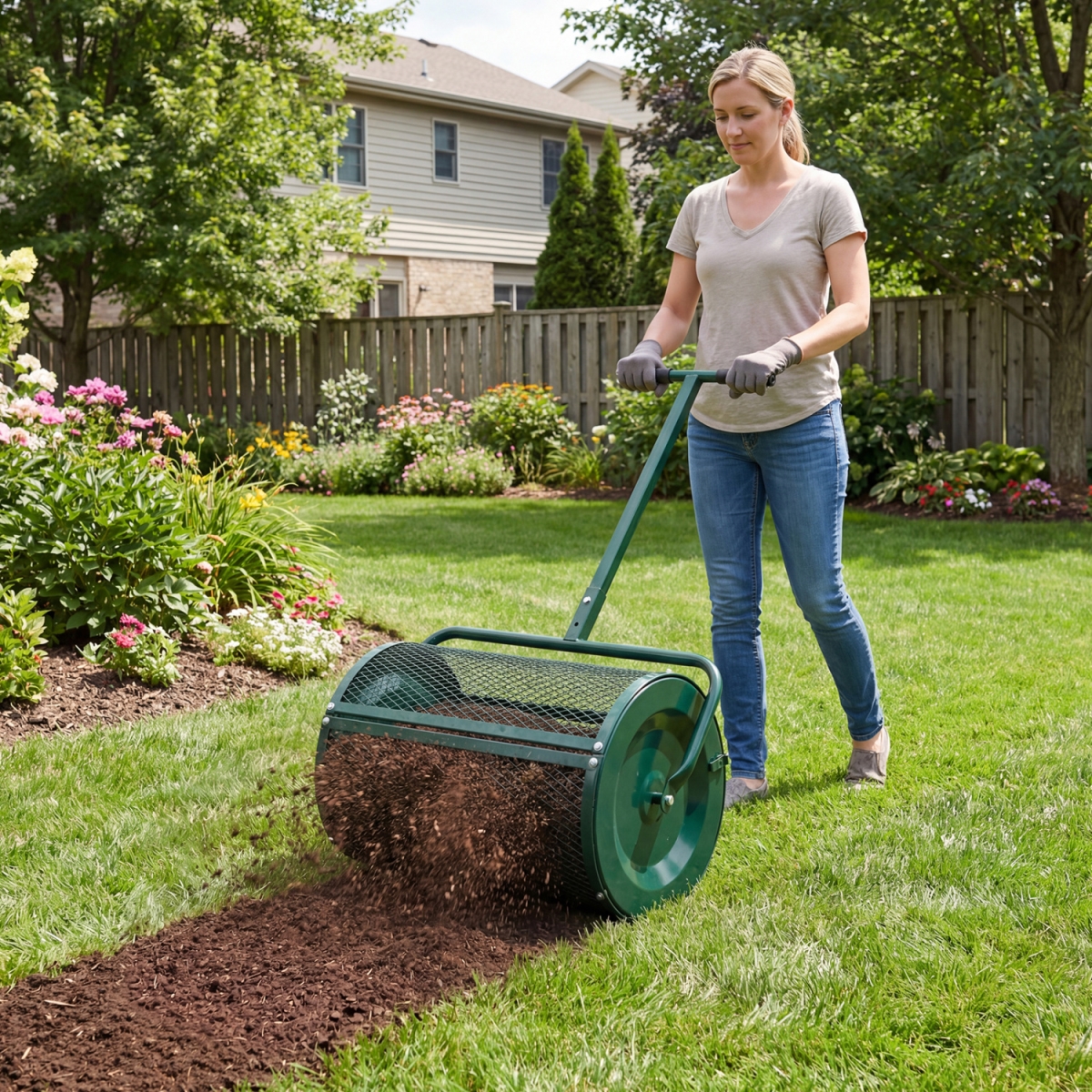GT4658GN Compost Spreader 24 in. Peat Moss Spreader Roller with Height-Adjustable T-Shape Handle - Green