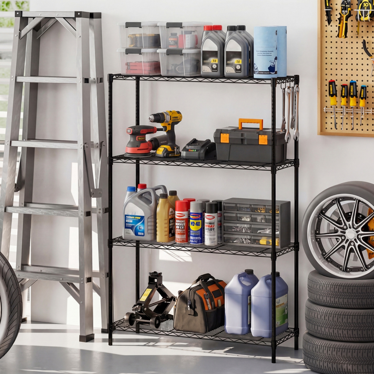 2-JV13580DK 4-Tier Metal Storage Shelving Unit with V-Shaped Wire Rack & 1000 lbs Capacity - Black - Set of 2