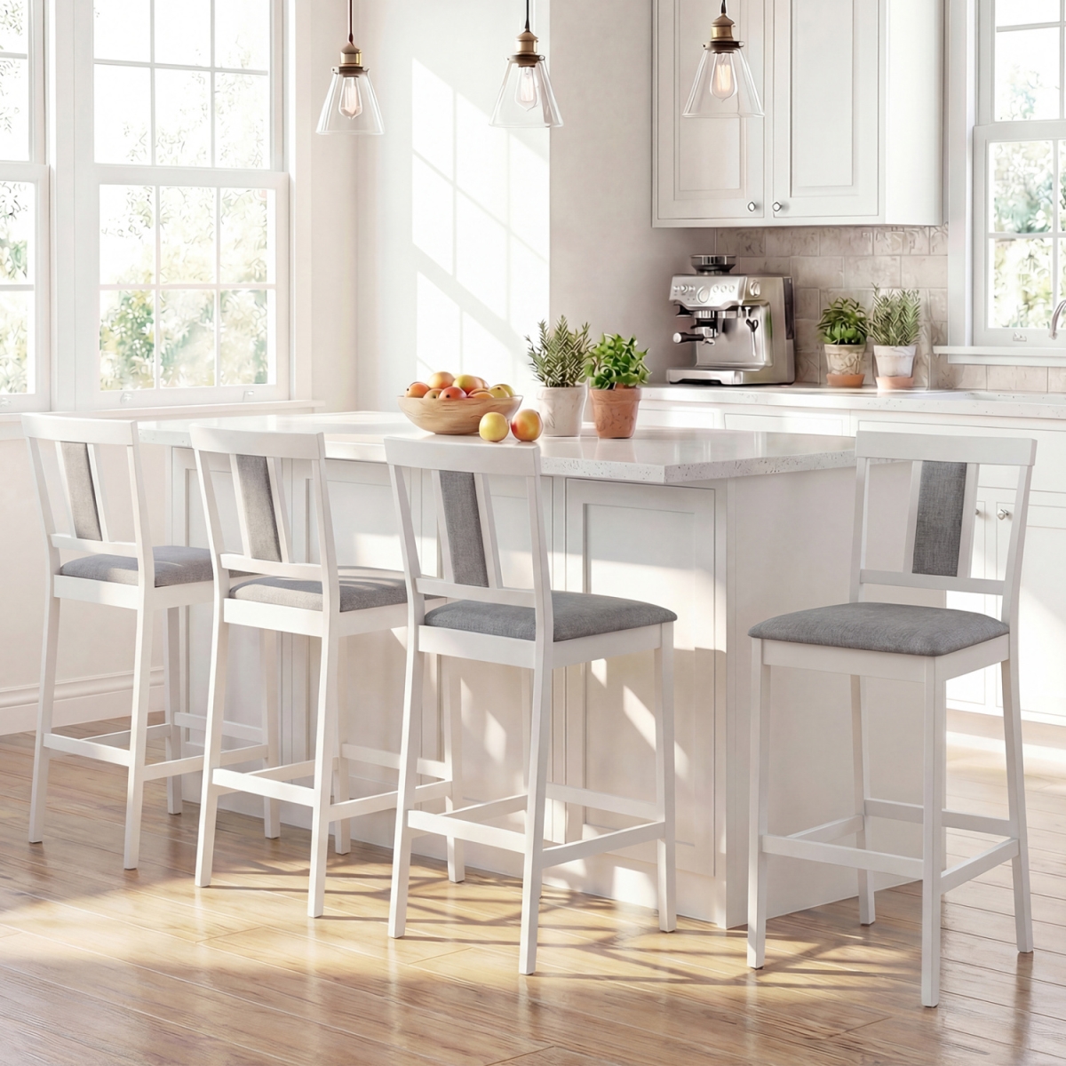 2-JV14108WH-2 Upholstered Barstool 29.5 in. Bar Height with Solid Rubber Wood Frame - White - Set of 4