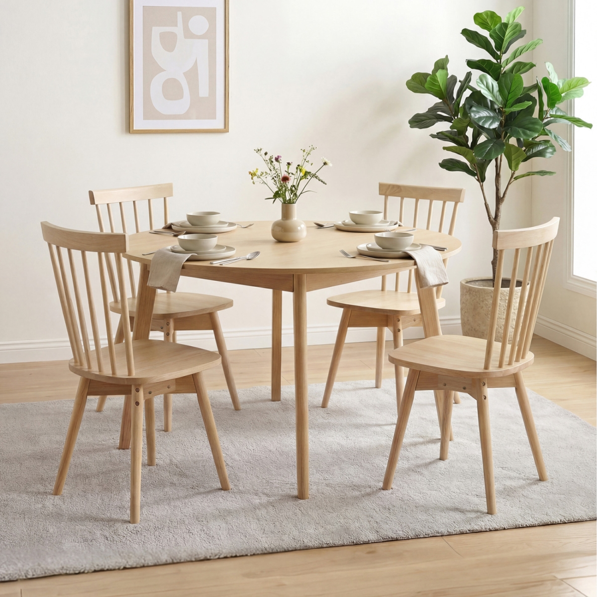 2-JV14207NA-2 Windsor Dining Chairs Mid Century Rubber Wood Kitchen Chairs with Swivel Seat - Natural - Set of 4
