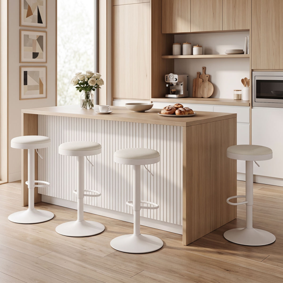 2-JV14659WH-2 Kitchen Bar Stools with Height Adjustment Padded Seat & D-Shaped Footrest - White - Set of 4