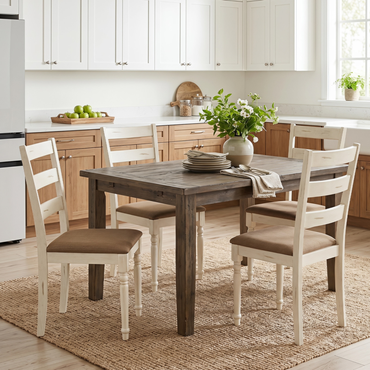 2-KC59616WH-2 Rubber Wood Dining Chairs with Padded Linen Seat & Slatted Backrest - White - Set of 4