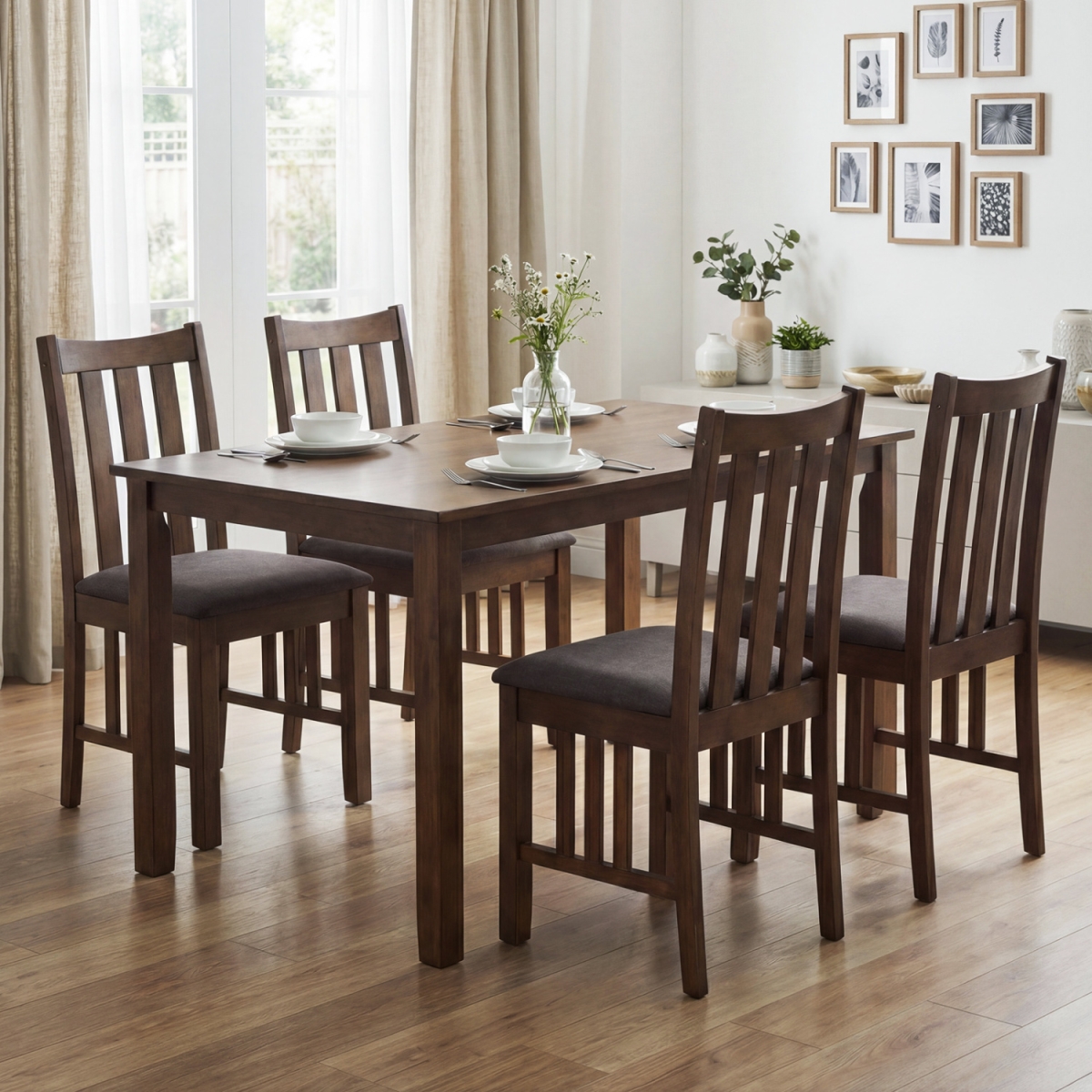 2-KC59469BN-2 Rubber Wood Dining Chairs Side Chairs with Slat Back - Brown - Set of 4