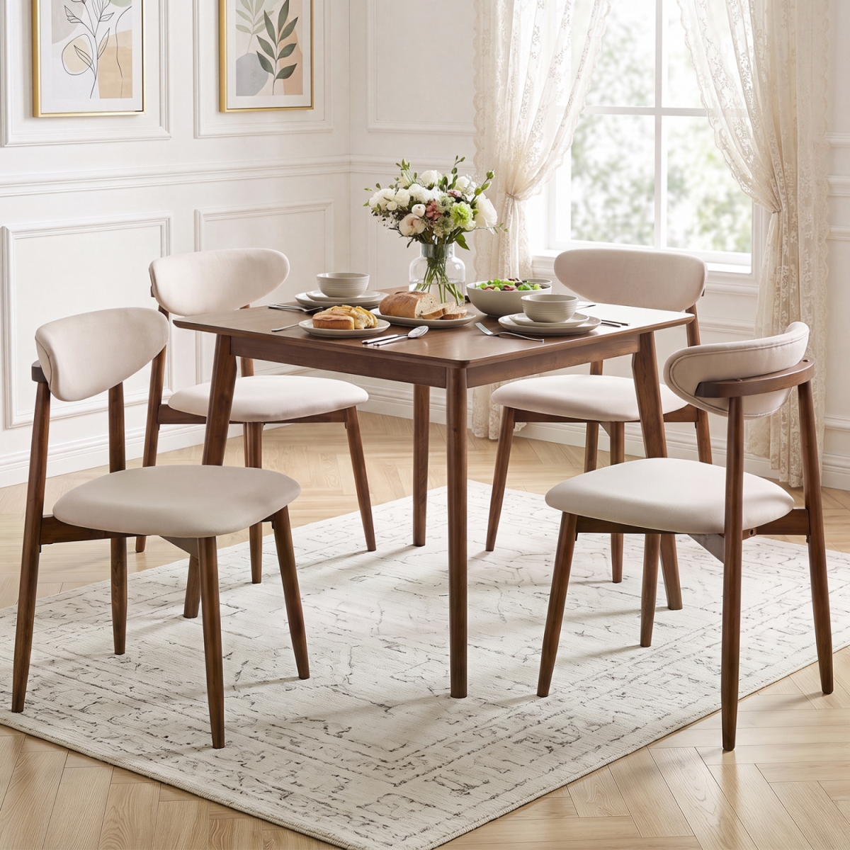 2-KC59631BE-2 Fabric Upholstered Dining Chairs with Curved Backs - Beige - Set of 4