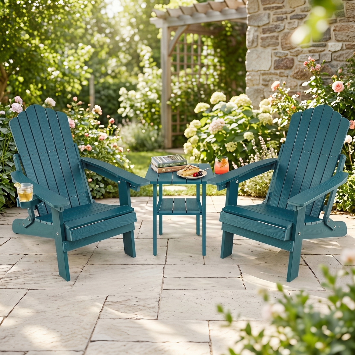 2-NP13571GN Outdoor Folding Adirondack Chair with Cup Holder & 5-Level Backrest - Green - Set of 2