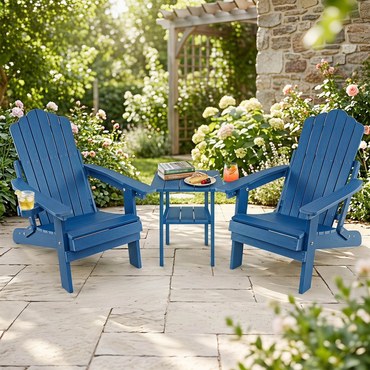 2-NP13571NY Outdoor Folding Adirondack Chair with Cup Holder & 5-Level Backrest - Navy - Set of 2