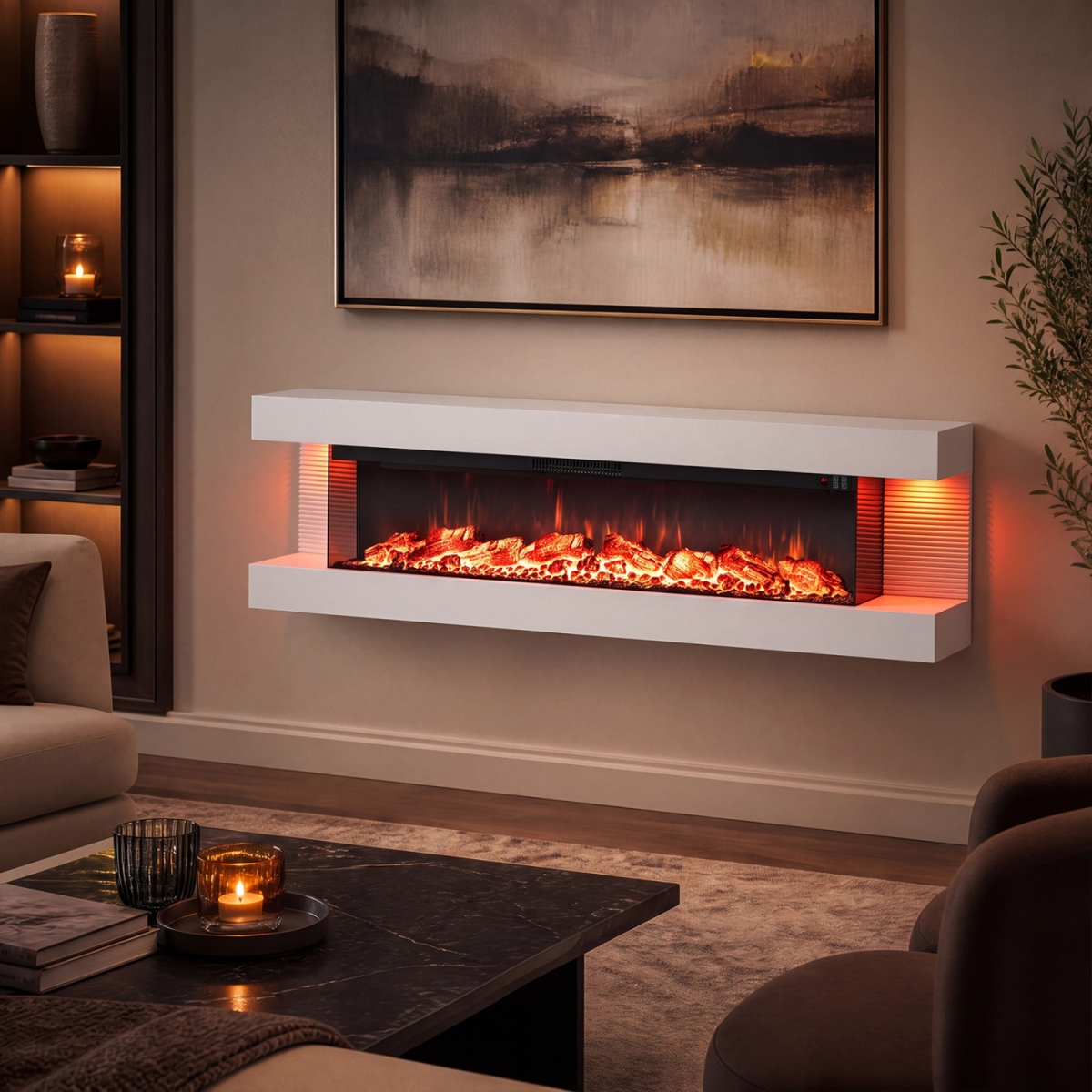 FP11227US-60WH 3-Sided Wall Mount Electric Wi-Fi Fireplace with Floating Mantel & 12 Flame Ambient - White - 60 in.