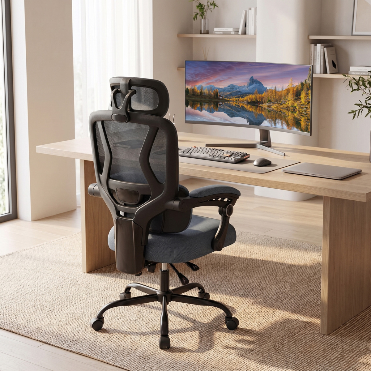 CB11324GR Ergonomic Office Computer Mesh Chair with High Back Adaptive Lumbar Support & 2D Adjustable Headrest - Gray