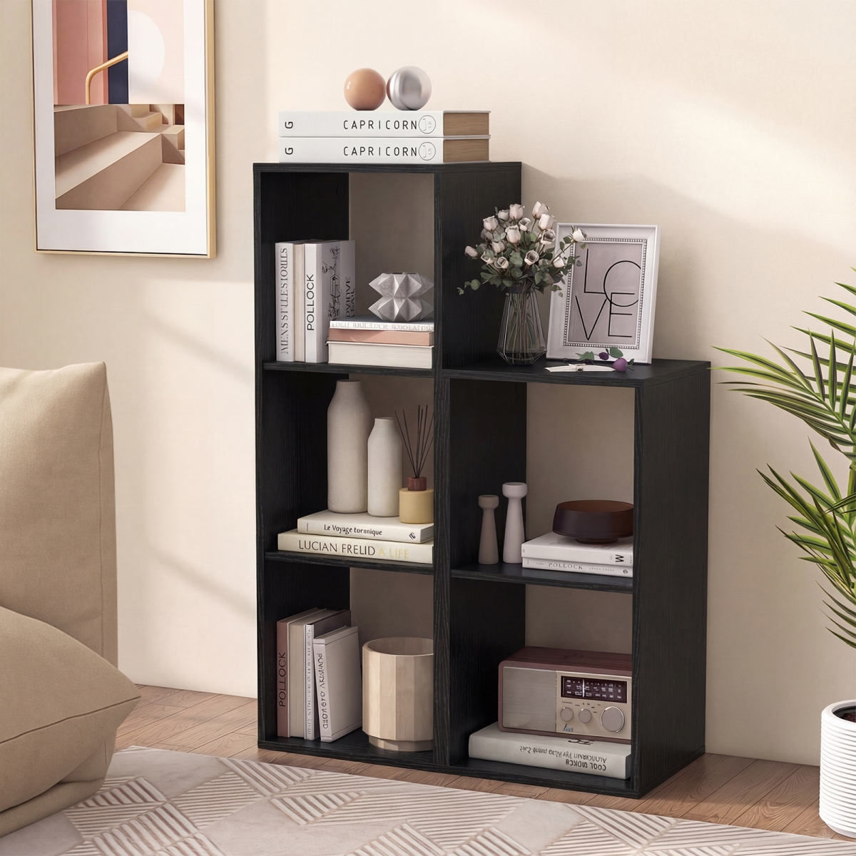 CB10749DK 3 Cube Bookshelf with Back Guardrail for Living Room Bedroom - Black