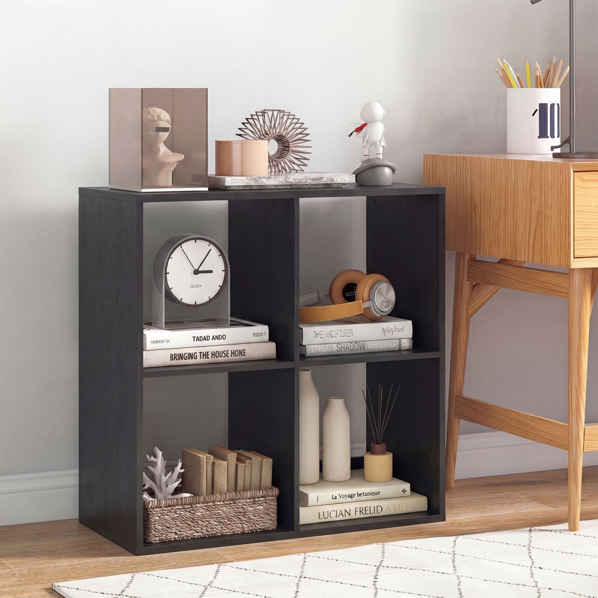 CB10750DK 4 Cube Bookshelf with Back Guardrail for Living Room Bedroom - Black
