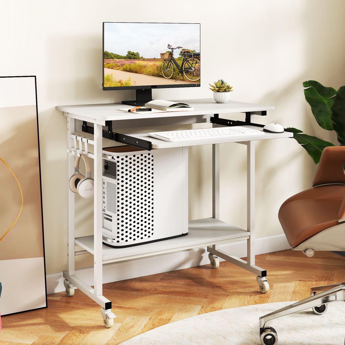 CB10796WH Rolling Laptop Table with Pull-Out Keyboard Tray & Hooks - White