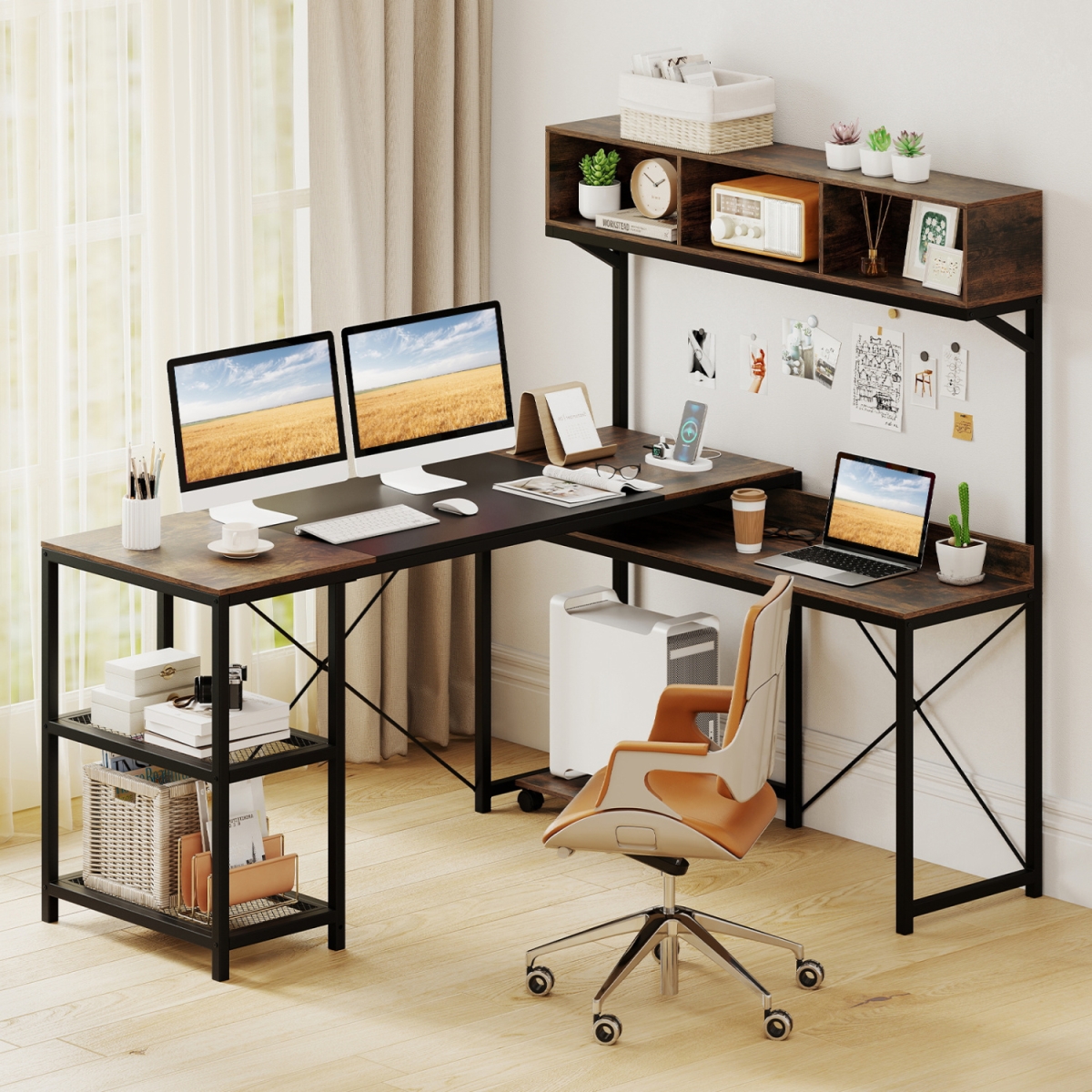 CB10896US-CF- L-Shaped Computer Desk with Power Outlets 62 in. Corner Desk with Storage Hutch - Brown