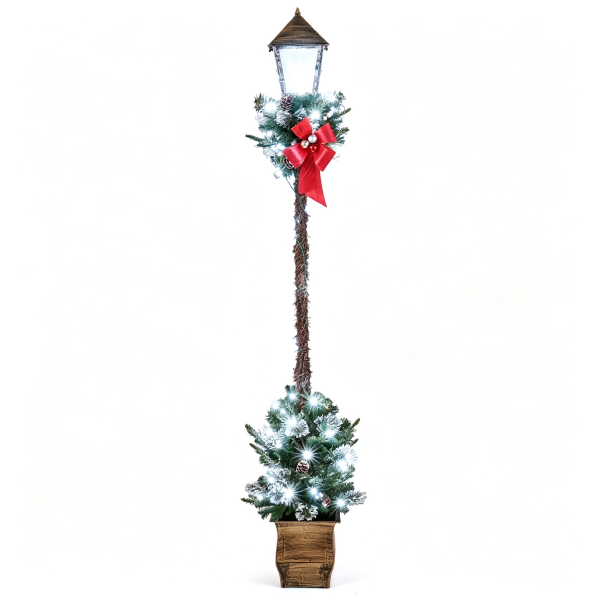 CM25133US-BE 6.1 ft. Christmas Pre-Lit Street Lamp with Artificial Greenery & Snow-Flocked Branch Tips - Bright White