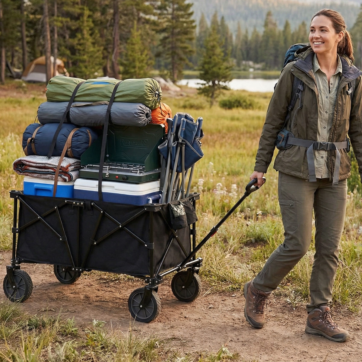 TL35857DK 38 in. 400 lbs Heavy-Duty Collapsible Wagon Cart with Adjustable Handle for Camping Garden - Black