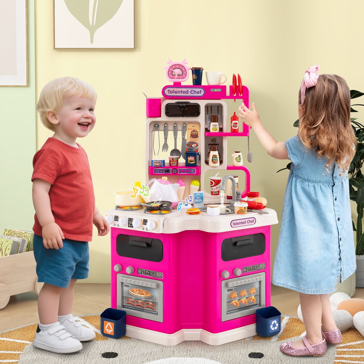 TP10246PI Kids Kitchen Playset Corner Play Kitchen with Realistic Sounds & Lights - Pink
