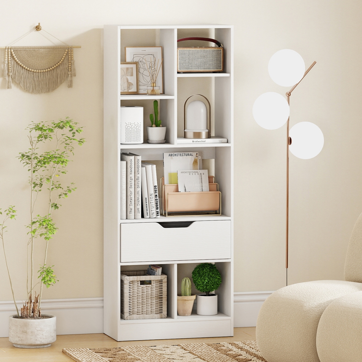 CB11032WH 51 in. Tall Freestanding Bookcase with Drawer 7-Cube Storage Organizer - White