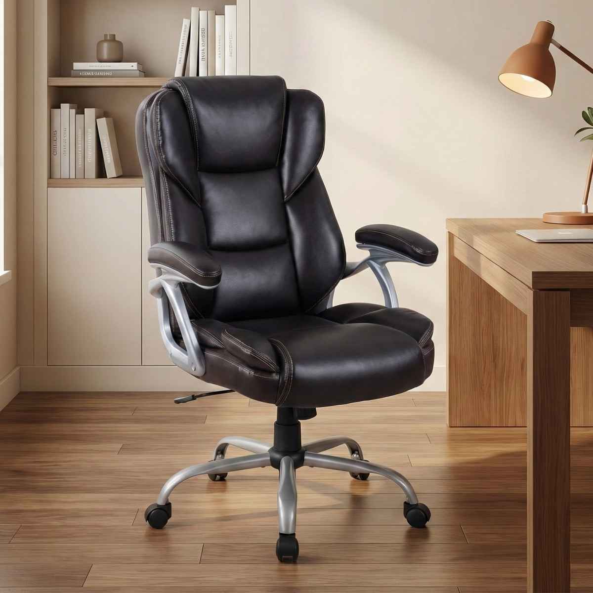CB11050BN Executive Office Chair Leather Ergonomic Computer Desk Chair with Padded Seat & Armrests - Brown