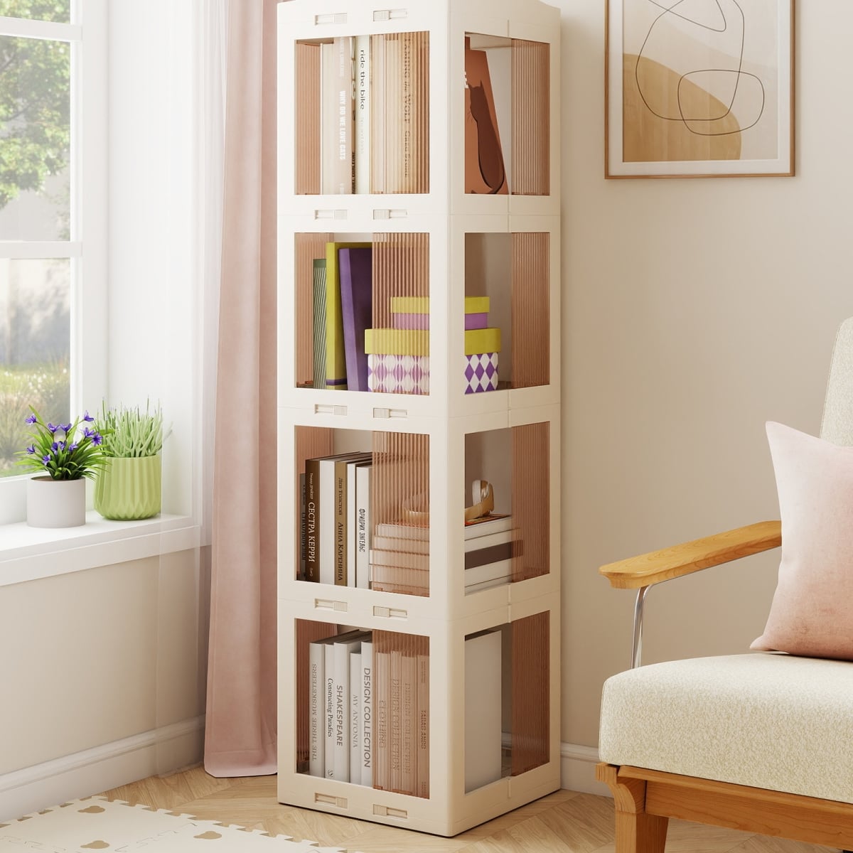 CB11097WH 4-Tier Foldable Rotating Bookshelf with Swivel Base & Translucent Panels - White