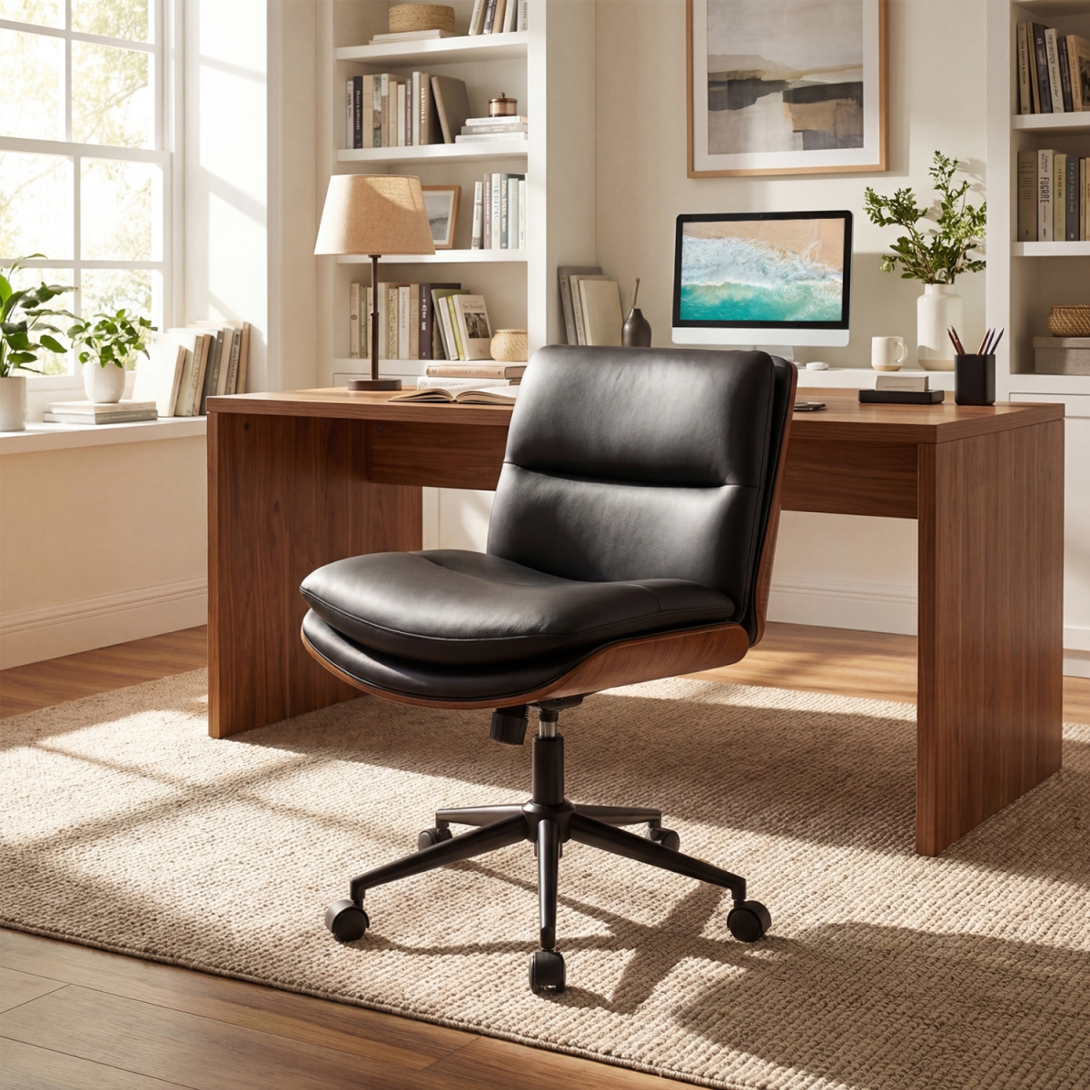 CB11157DK Armless Office Chair with Curved Backrest & Padded Seat - Black