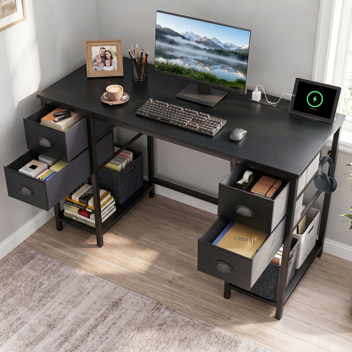 CB11179US-DK 48 in. Computer Desk with Power Outlet Home Office Desk with 4 Fabric Drawers - Black