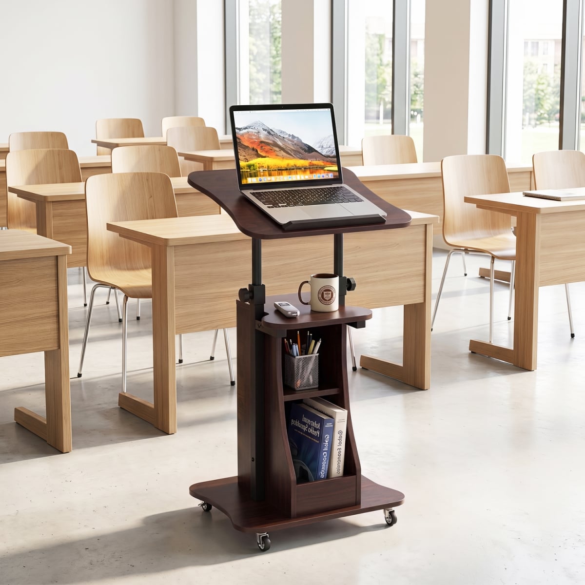 CB11248BN Mobile Podium Stand Height Adjustable Laptop Cart with Tilting Tabletop & Storage Compartments - Brown