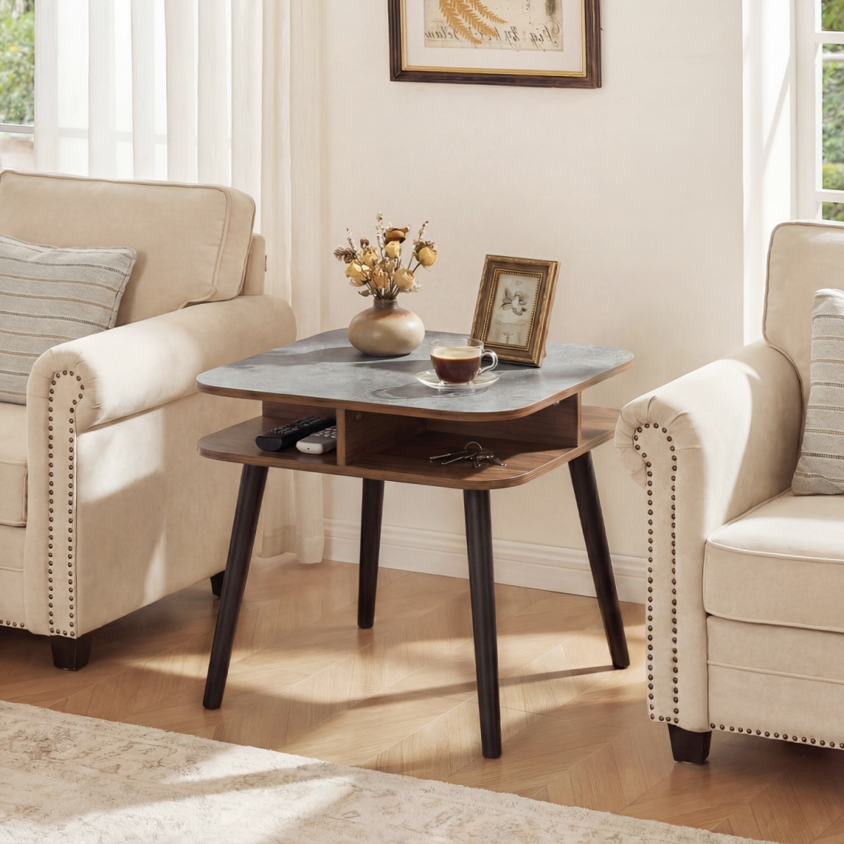 HV10968WL Side Table Faux Marble End Table with Storage Shelves & Rubber Wood Legs - Walnut