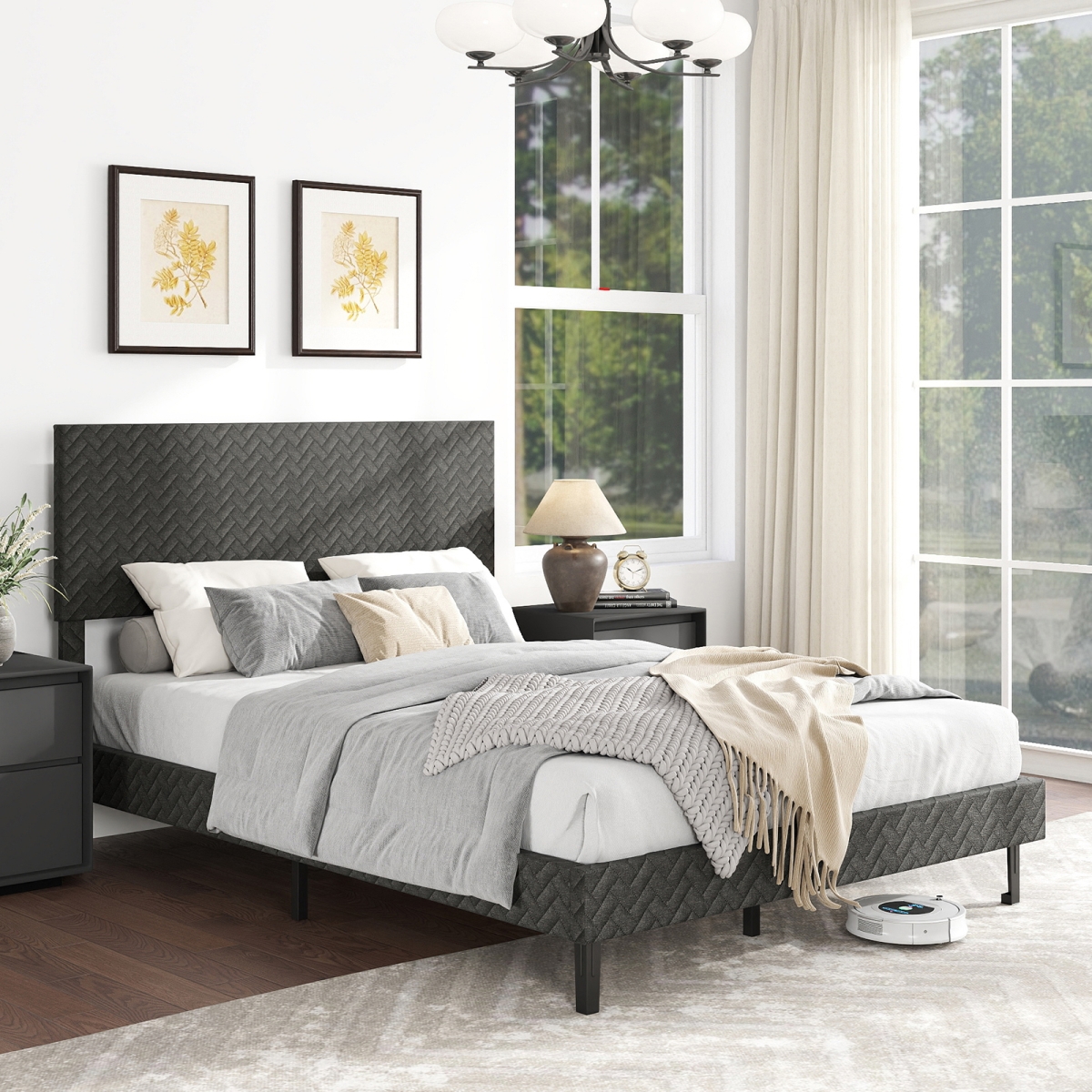 HU11098US-FGR Full Size Velvet Upholstered Platform Bed Frame with Chevron Headboard - Gray