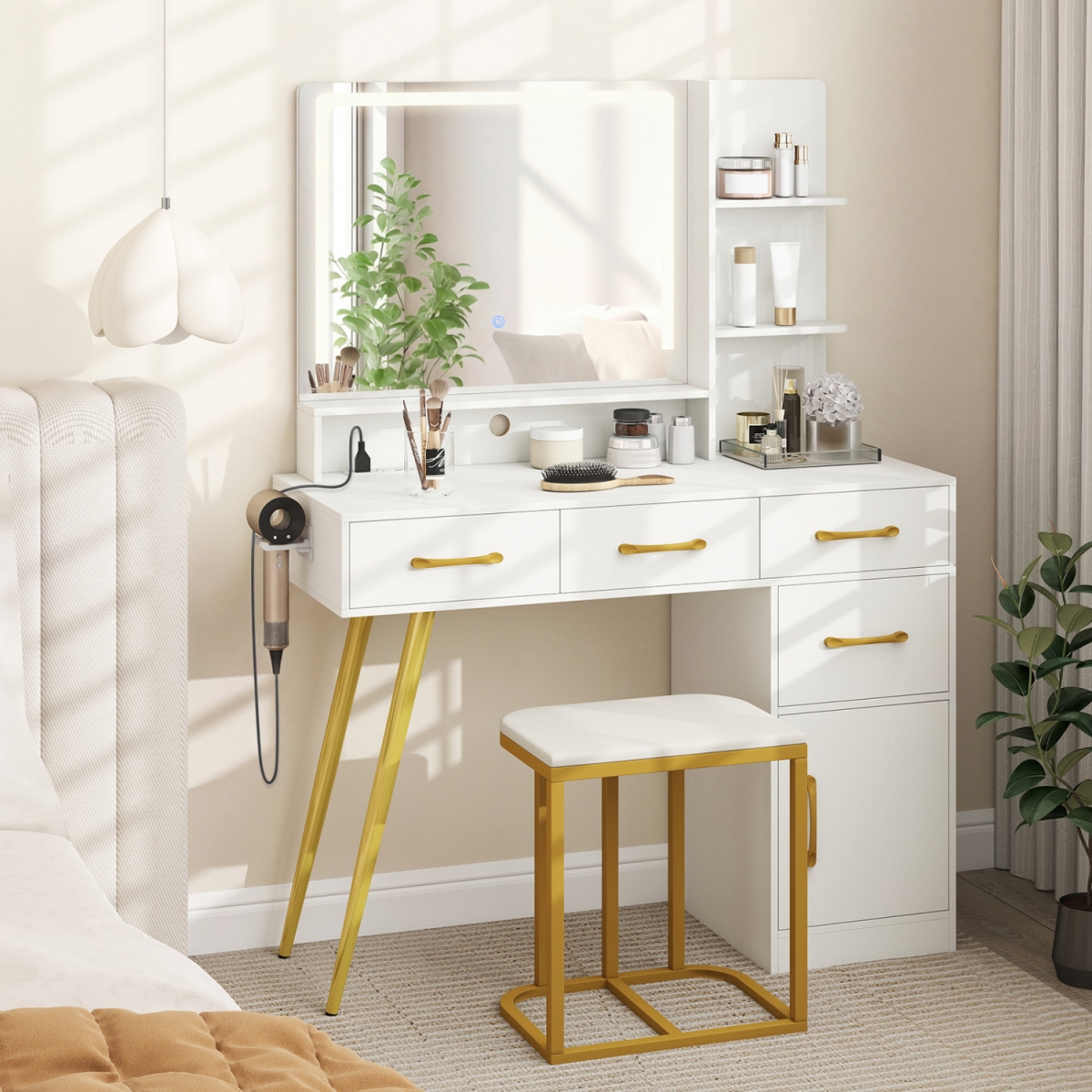 HU11207US-WH Vanity Set with Mirror & Lights & Table with Adjustable Brightness - White