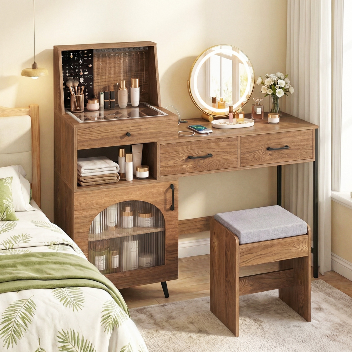 HU11259US-HT- Vanity Desk with Mirror & Lights with Ring Slots & Necklace Hooks for Makeup - Natural & White