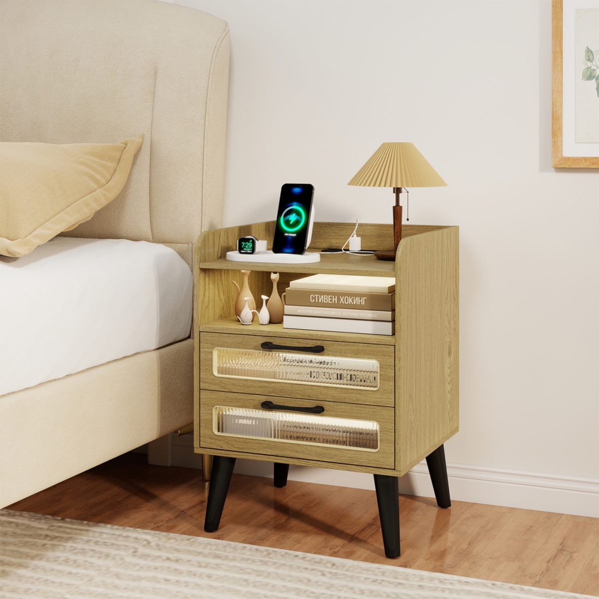 HU11280US-NA Mid Century Modern Nightstand with Charging Station & LED Lights - Natural