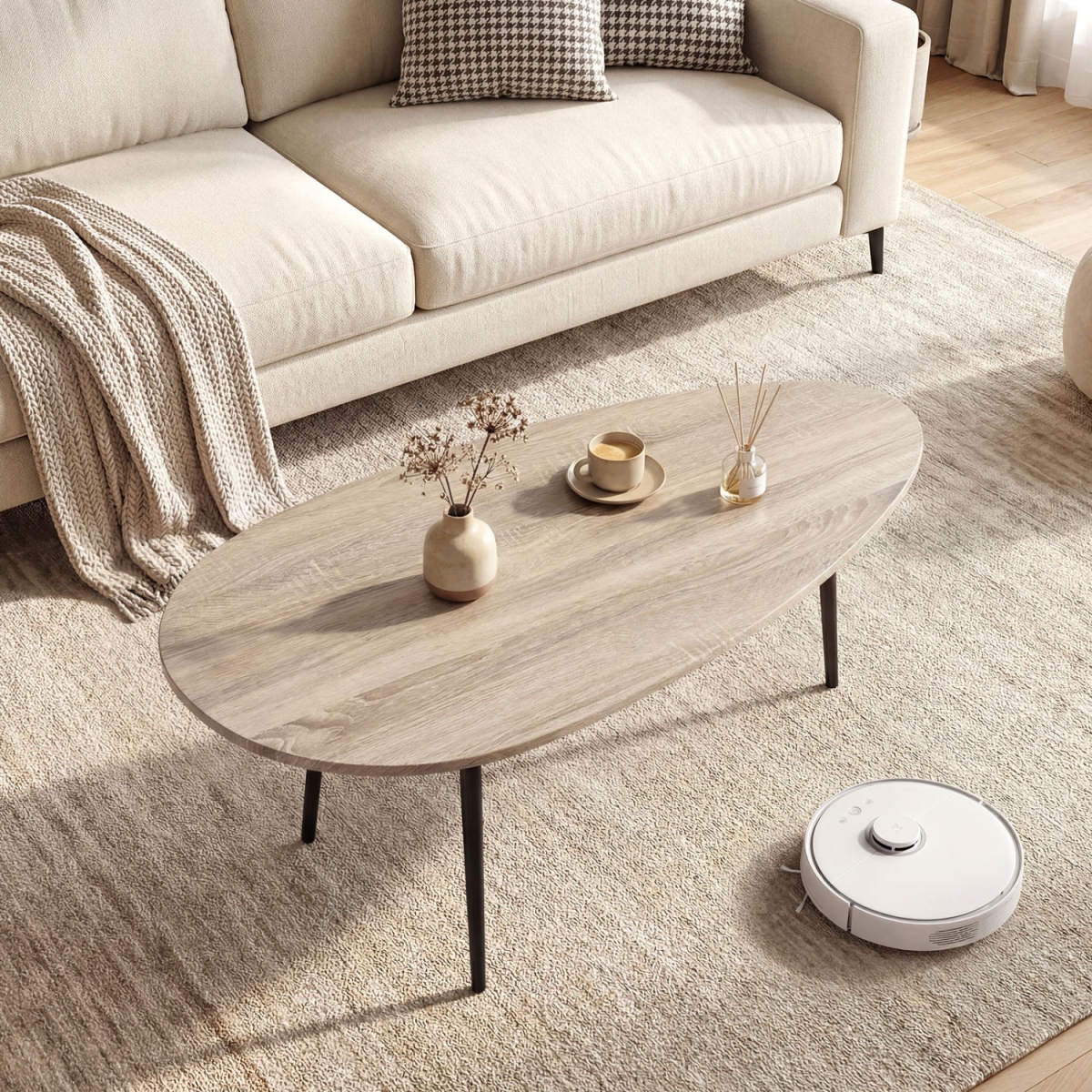 HV10971GR Oval Coffee Table Mid Century Center Table with Sturdy Metal Construction - Gray