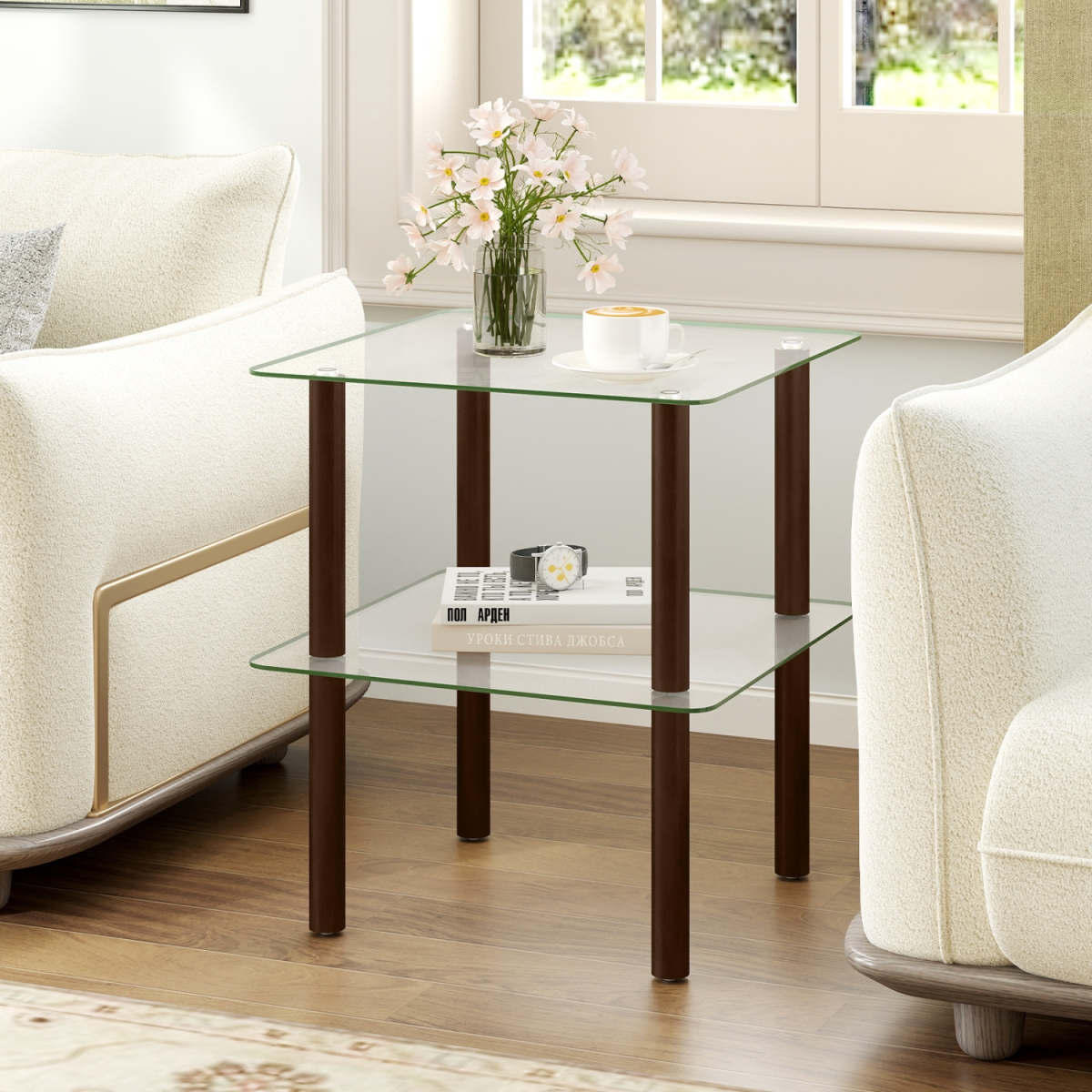 HV11063BN 2-Tier Square End Table with Shelf & Clear Tempered Glass Top - Brown