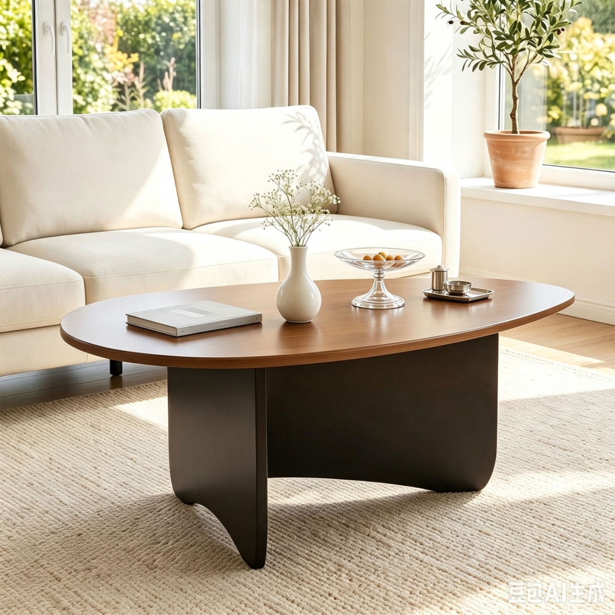 HV11085WN Oval Coffee Table Mid Century Modern Accent Table Low Profile Wooden Center Table - Walnut