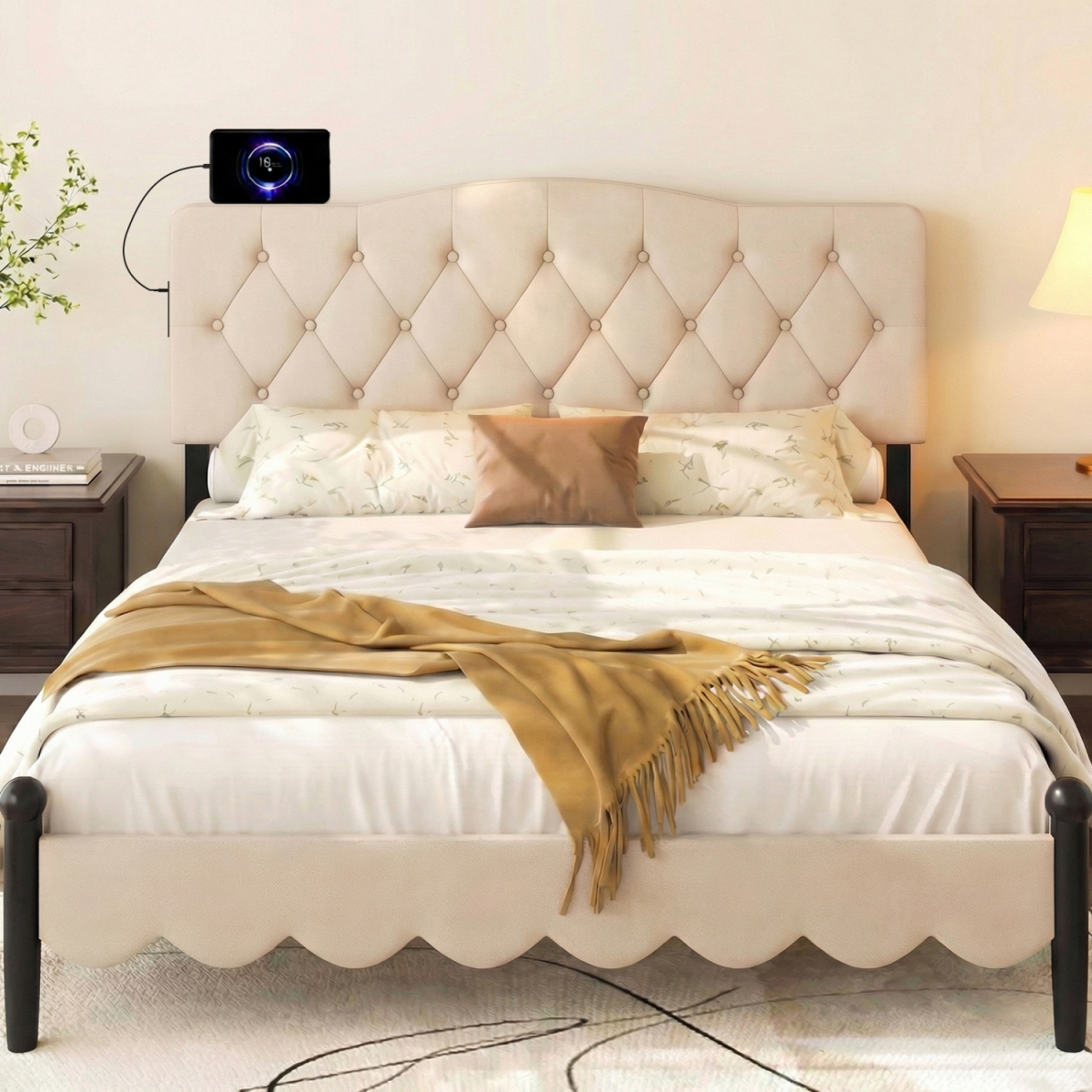 HU11372BE Tufted Upholstered Head Board for Queen & Full Size Bed with 2 AC Outlets - Beige