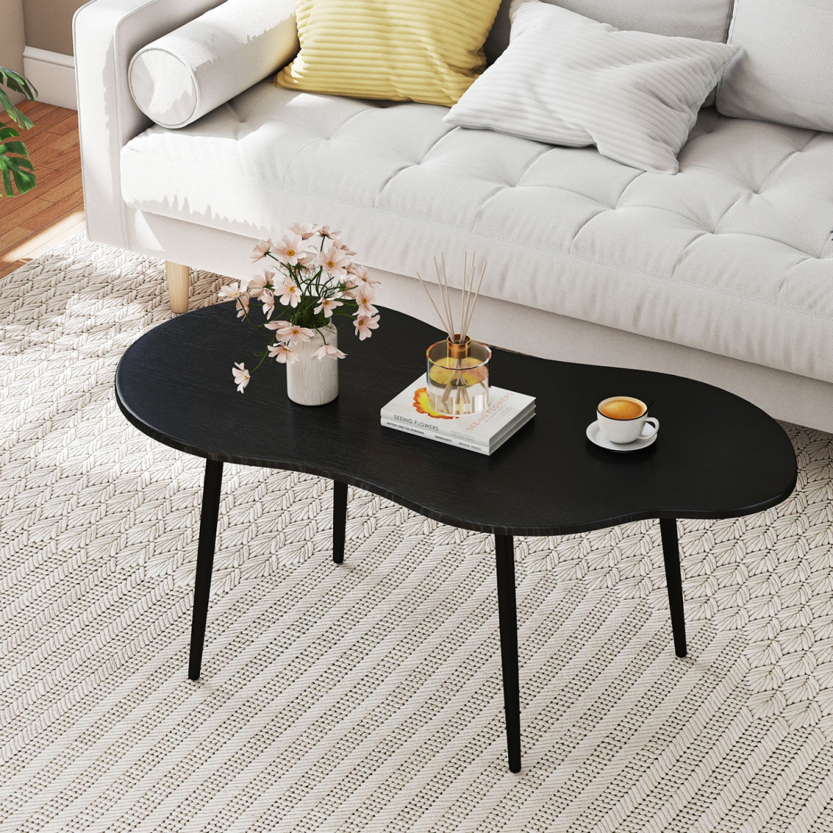 HV10972DK Cloud Shape Coffee Table 39.5 in. Irregular Center Table with Metal Frame - Black