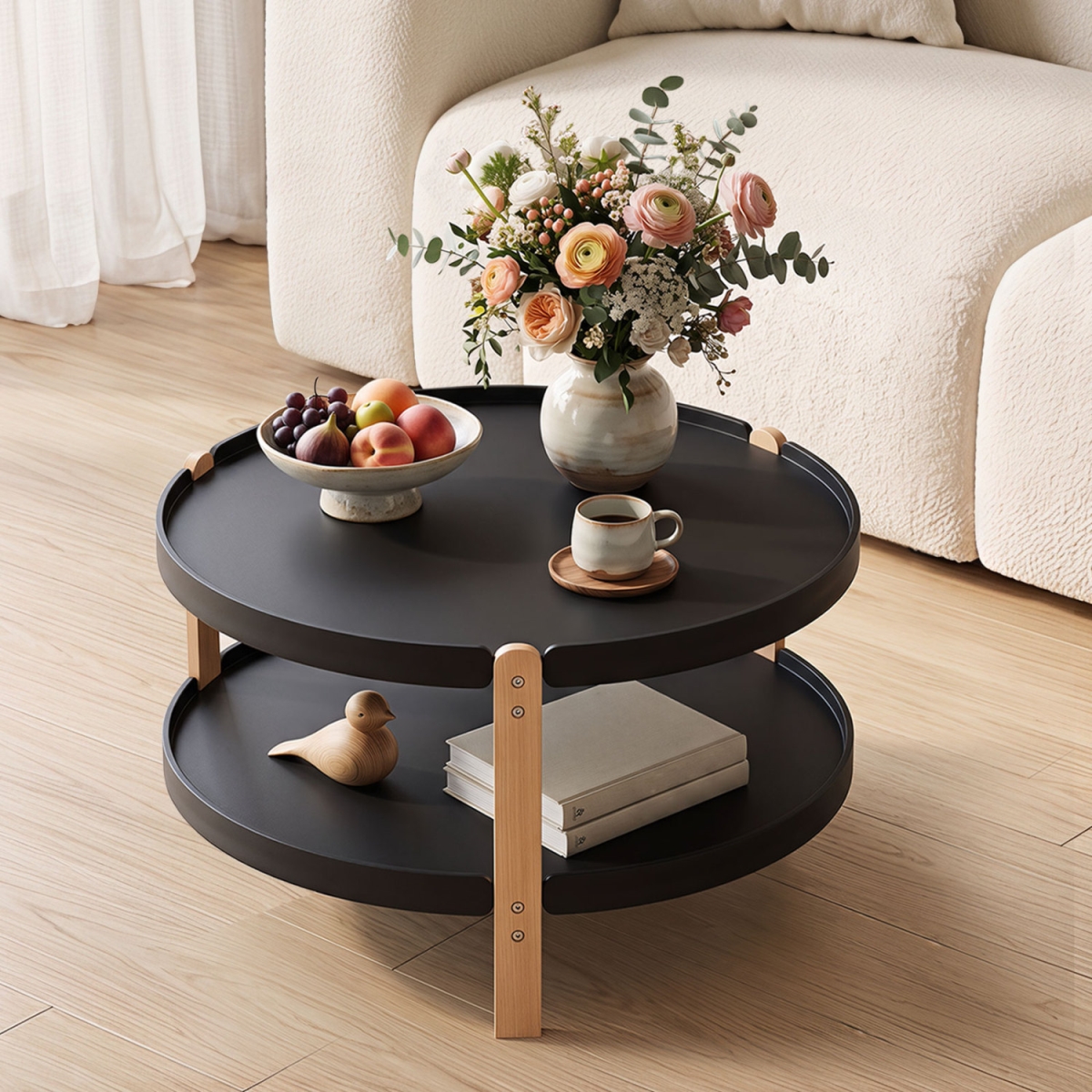 HV11072DK 23.5 in. 2-Tier Round Coffee Table with Solid Wood Legs & Open Storage Shelf - Black