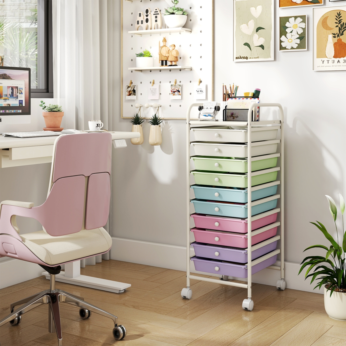 HW52045BQ 10 Drawer Rolling Storage Cart Organizer with 4 Universal Casters - Ice Cream Multi Color