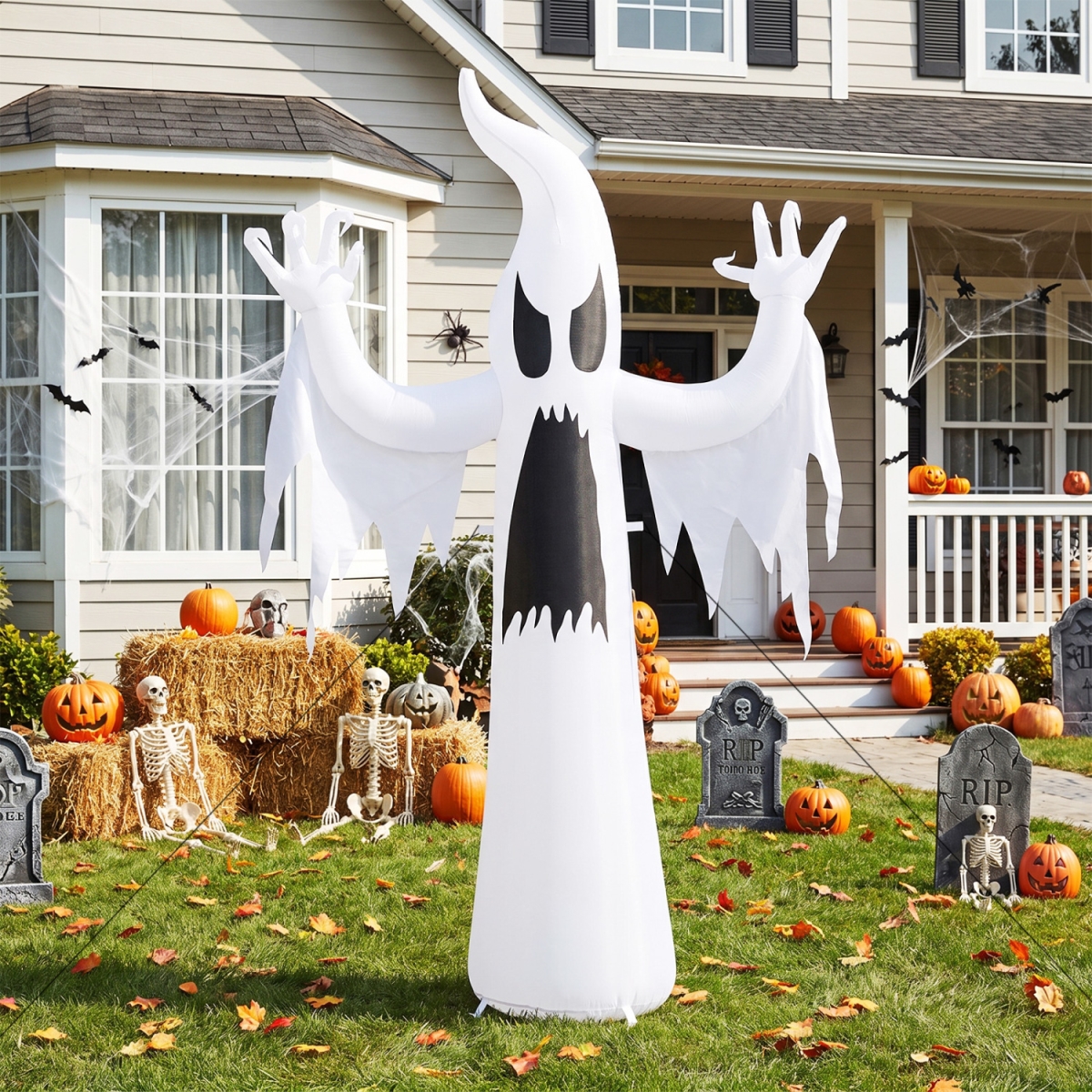 CM25721US 7.7 ft. Tall Halloween Inflatables Ghost with Built-In RGB LED Lights for Decoration - White