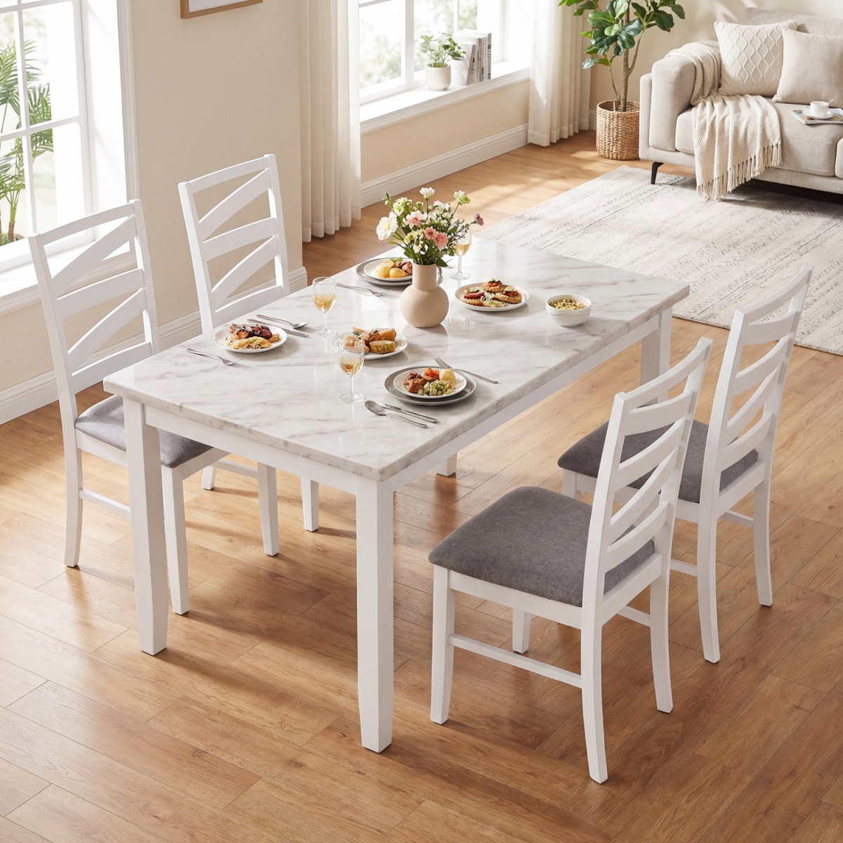 2-KC59467WH-2 Dining Chairs with Backrests & Rubber Wood Frames - White - Set of 4