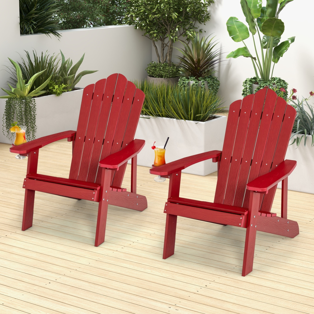2-NP10983RE Adirondack Chair Set with Ergonomic Design for Porch & Backyard - Red - 2 Piece
