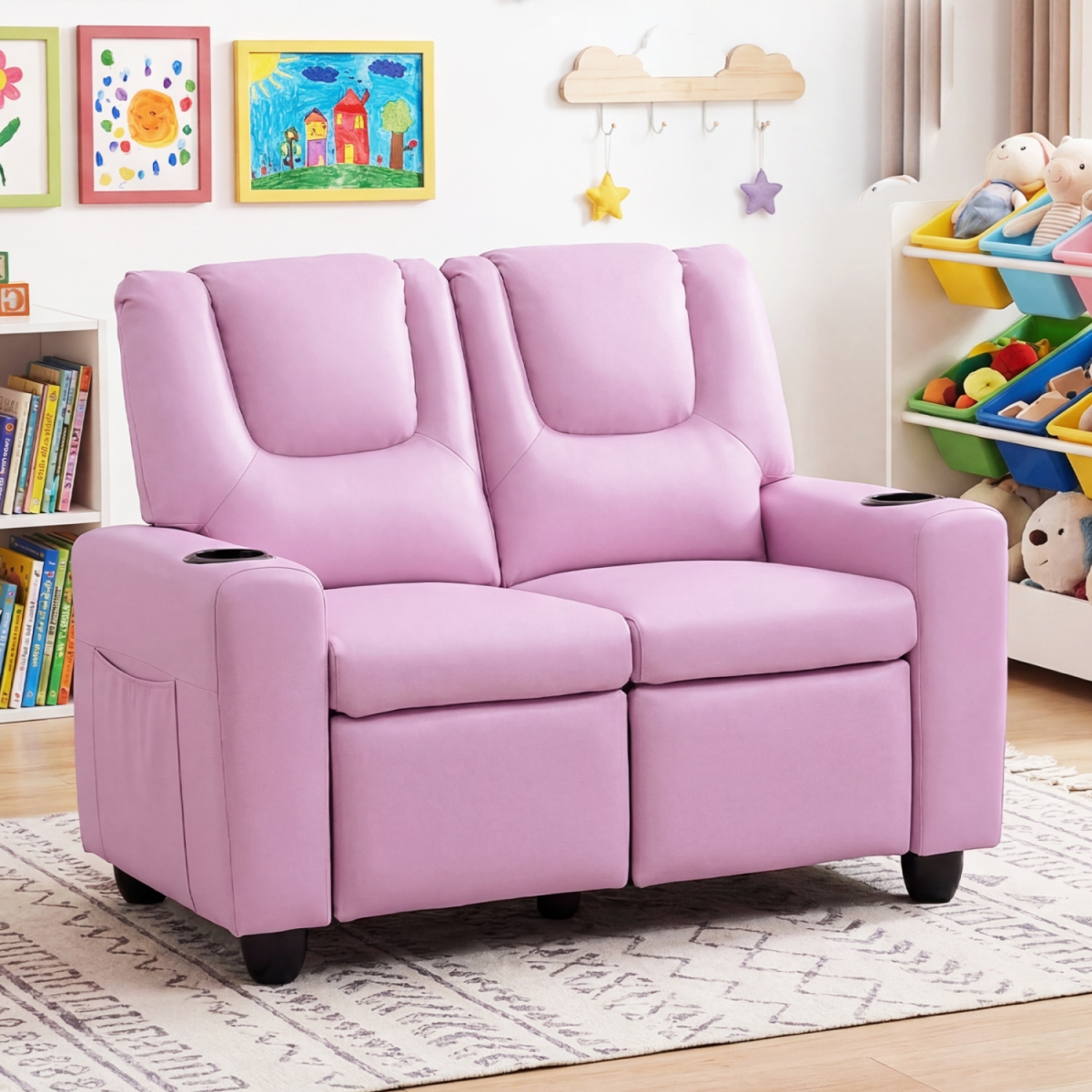 HY10563PI 2-Seater Kids Recliner Double Toddler Sofa Chair with 2 Cup Holders - Pink