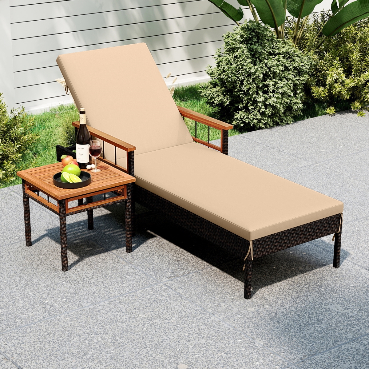 HW74909WH Patio Rattan Chaise Lounge with Side Table & Adjustable Backrest - Beige