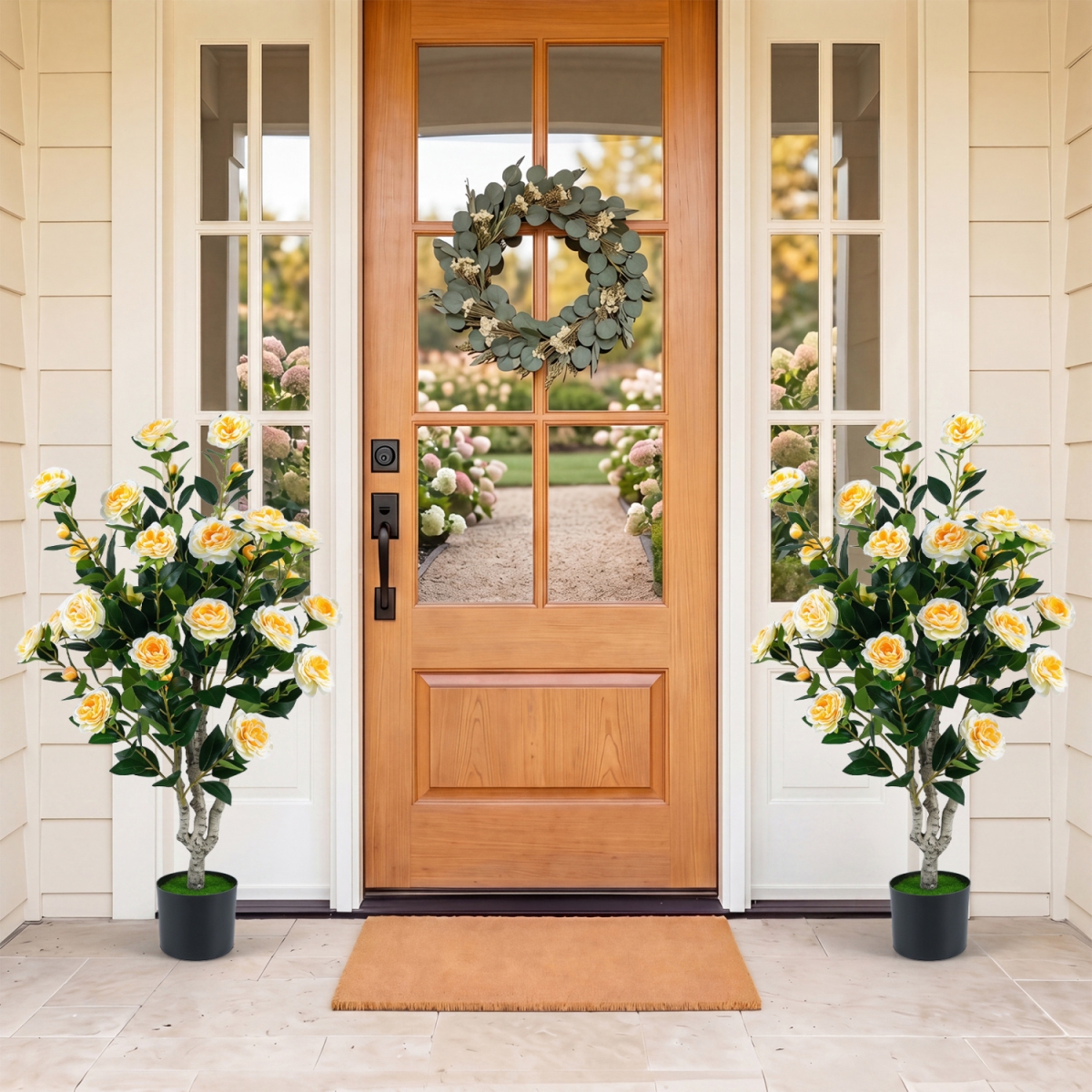 HZ10580WH-1 39.5 in. Artificial Camellia Tree with Orange Blossoms in Cement Pot for Home Decoration - White