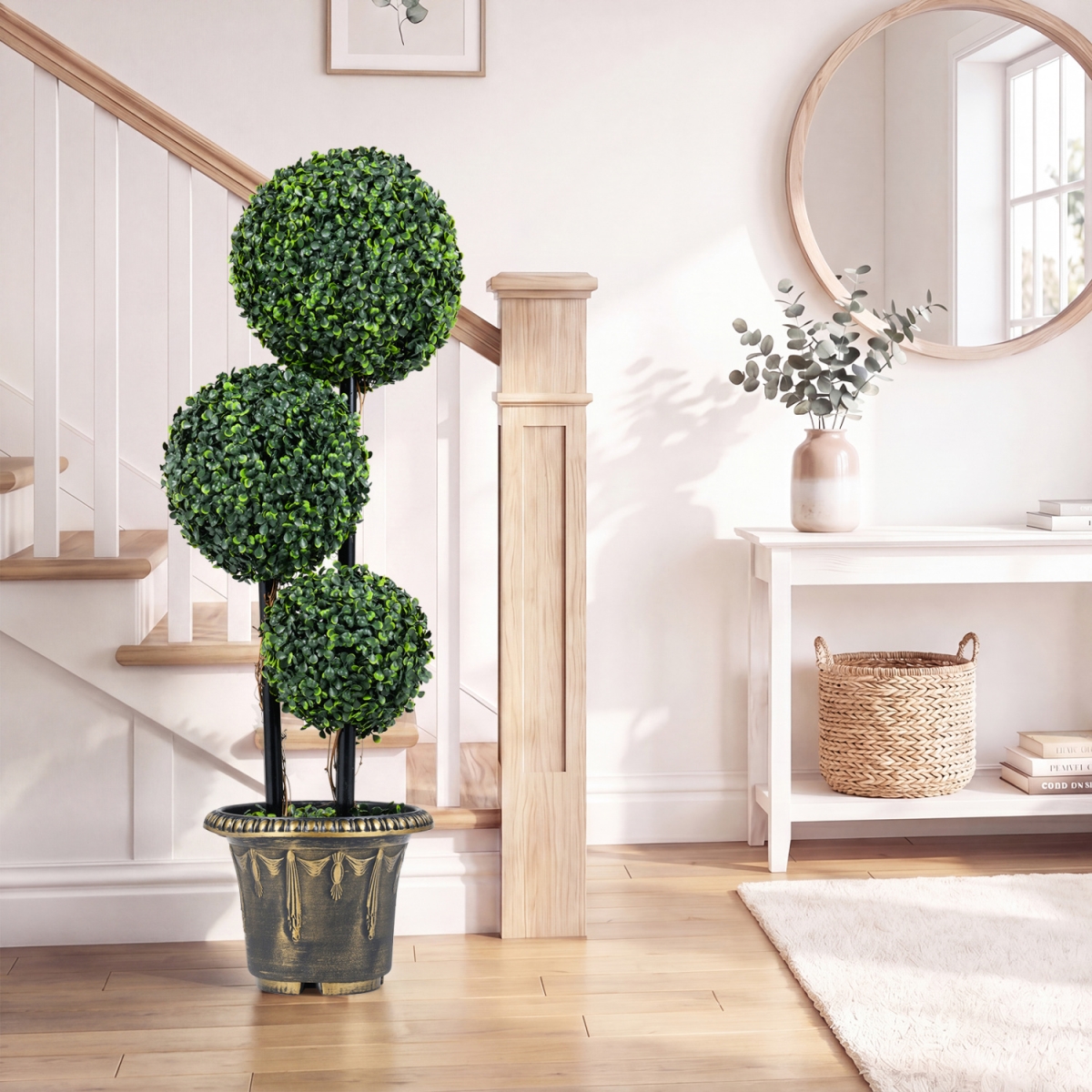 HZ10601-90 35 in. Artificial Boxwood Topiary Tree Triple Ball Shrubs - Green, Black & Golden