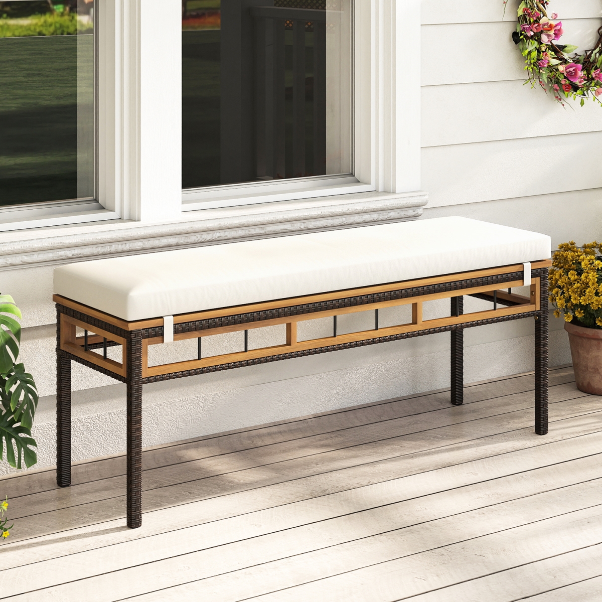 HW74906WH 48 in. Long Wicker Patio Bench for 2 People - Backless Dining Bench with White Acacia Wood Seat - Natural, Mix Brown & Black