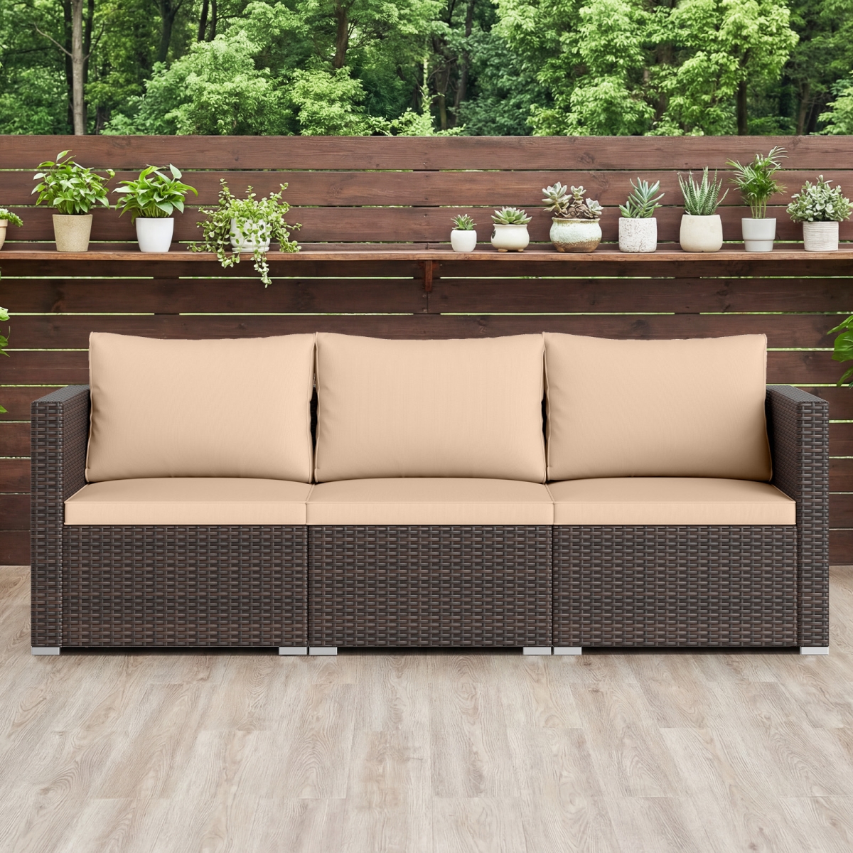 HW74944BN Patio Sectional Sofa Set with Soft Cushions - Beige - 3 Piece